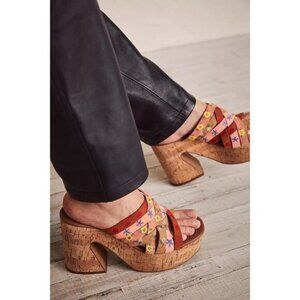 NWOT Free People leather suede floral embroidered strap cork platform mules